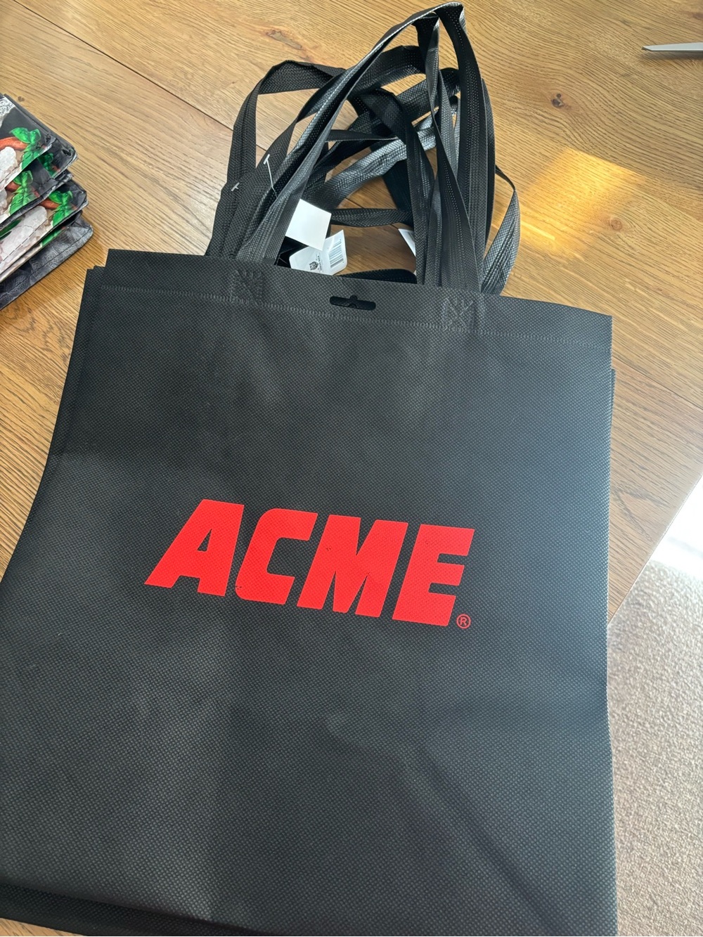 ACME 7 Black Shopper Tote with White Text and Red Accent